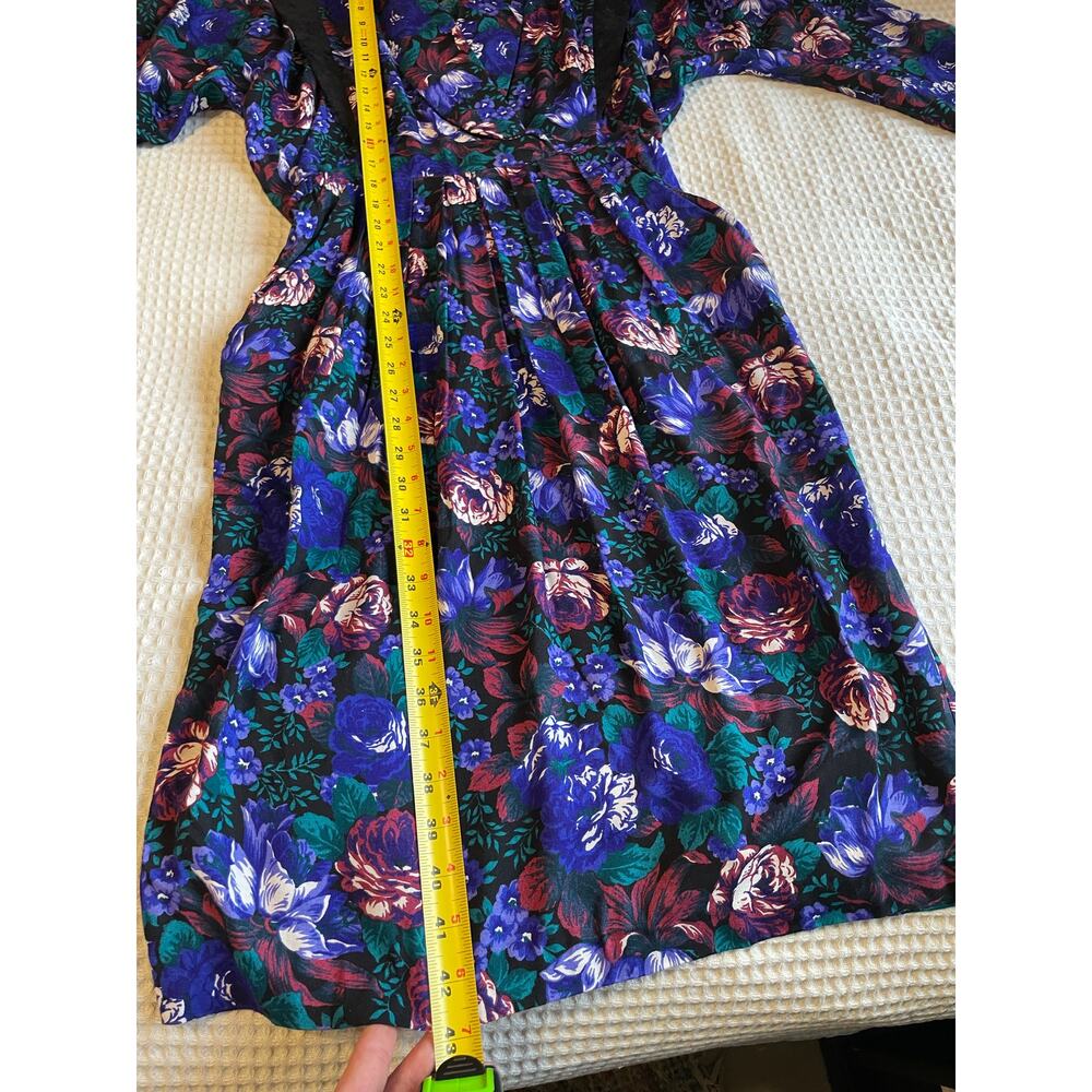 VTG 80's 90's Blue & Purple Floral Grandma Core V Neck Retro Long Sleeve Dress 4 - Picture 4 of 14